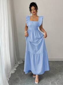 Rafferiza 女式条纹印花方领荷叶边下摆休闲连衣裙 - Blue Power - 查看 5