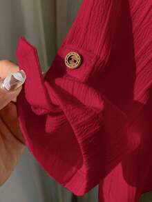 SHEIN LMoss Kids LMoss 男童休闲基本款翻领衬衫，带口袋，舒适透气 - 紅色 - 查看 6