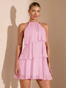 SHEIN BAE 夏季海滩度假纯红色层叠荷叶蛋糕雪纺迷你连衣裙，适合日常约会、夜间外出、夜总会、派对、聚会、鸡尾酒会、泳池派对、返校季服装、学校季连衣裙、节日连衣裙、芭蕾舞裙 - 淺粉色 - 查看 3