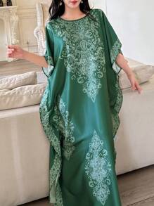 DAZY Pattern Print Loose Maxi Women Nightgown - Green - View 7