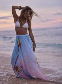 Aralina Printed Gradient Flowing Spliced Asymmetrical Hem Vacation Women Maxi Skirt , Beach - Multicolor - View 7