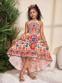 SHEIN Váy xòe xếp li không tay in họa tiết hoa nhiệt đới cho bé gái tuổi mới lớn, quần dài hở lưng, viền bất đối xứng, váy xòe chắp vá cho kỳ nghỉ ở bãi biển - Nhiều màu - Xem 2