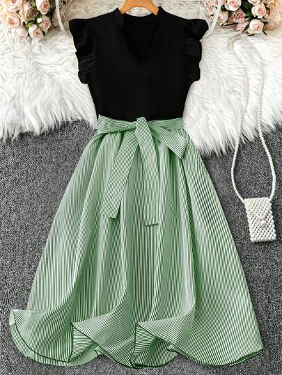 SHEIN Clasi Plus Size Color Block Lace-Up Sleeveless Dress