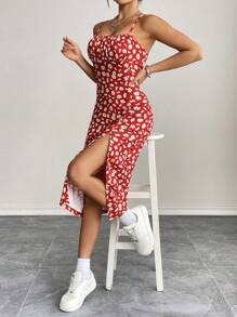 SHEIN PETITE 女式加大码修身侧开衩细肩带小碎花连衣裙 - 紅色 - 查看 7