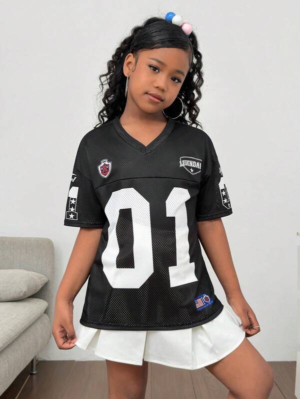 SHEIN Tricou grafic numeric cu decolteu în V, supradimensionat, casual, minimalist, confortabil, pentru fete preadolescente