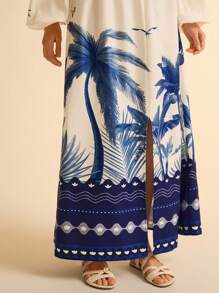 CAJUNI Robe décontractée bleue ample avec fente, imprimé tropical, col en V, manches longues évasées pour femme - Multicolore - Voir 6
