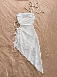 Soleia Vestito midi con spalla asimmetrica, coulisse, vita traforata e orlo asimmetrico, adatto per vacanze, appuntamenti, pomeriggio del tè, festival musicali, spiaggia, outfit estivi, stile boho, vacanze, uncinetto, lino