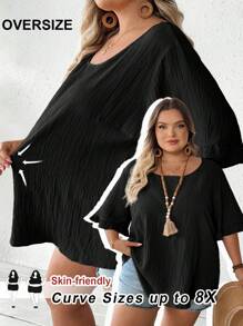 SHEIN CURVE+ 大码女式夏季卡其色衬衫，荷叶边短袖宽松下摆休闲装，适合日常外出和海滩度假穿着。关键词：女士/海滩/海滩度假/海滩必备/毕业典礼/下午茶/夏季/乡村/海滩度假/海滩/沙滩装 - 黑色 - 查看 8