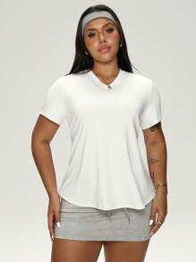 Rhythm Era Plus Size Summer Casual Solid Color Back Twist Hollow Short Sleeve Sports T-Shirt - White - View 5