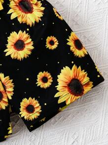 2pcs/Set Girls Casual Ruffle T-Shirt Top & Floral Print Shorts Set, Holiday Vacation - Yellow - View 7