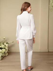 SHEIN Tween Girls Ramadan Special Elegant Beaded Tassel Decor Puff Sleeve Tie Front Blazer & Pants Set, Suitable For Daily Street Wear And Festivals, Spring & Autumn - White - View 2
