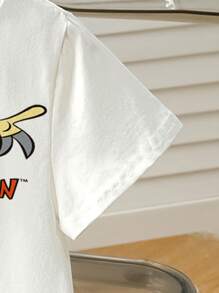 Cow and Chicken X SHEIN Camiseta de manga corta blanca de cuello redondo con estampado de dibujos animados para niña - Blanco - Ver 3