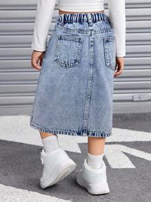 SHEIN 年轻女孩简约纯色休闲开叉牛仔迷你裙，适合夏季 - 淺色水洗藍 - 查看 2
