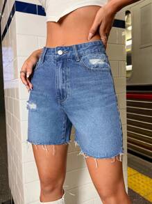SHEIN ICON Simple Solid Color Distressed Washed Denim Shorts, Suitable For Summer - Medium Wash - View 5