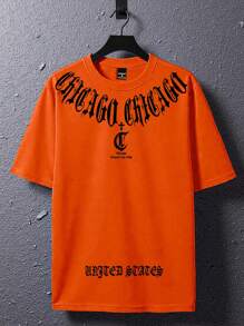 Manfinity EMRG Men's Letter Print Summer Casual Loose Short Sleeve T-Shirt - Orange - View 3