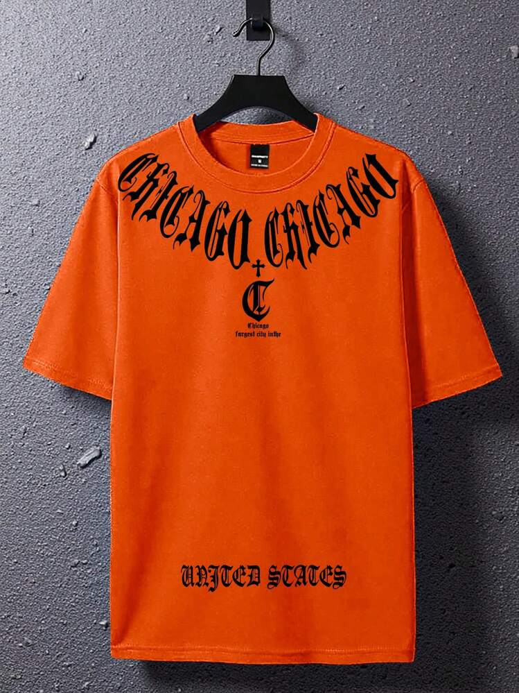 Manfinity EMRG Camiseta de manga corta suelta casual de verano con estampado de letras para hombre - Naranja - Añade 3