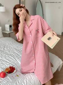 HELLO KITTY | DAZY 可爱图案徽标和字母印花格子宽松女士睡衣 - 粉色 - 查看 6