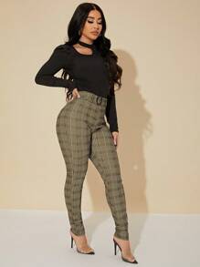 SHEIN SXY Quần Glen Plaid cạp cao gợi cảm có thắt lưng - màu nâu - Xem 3