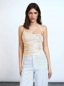 Maija 2025 Summer New Cream Yellow Women Top,70s Style Asymmetrical Cutout Shoulder Ruched Halter Neck,Adjustable Spaghetti Strap Elegant Party Wedding Top - Apricot - View 3