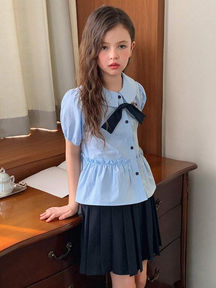 Tween Girl Short Sleeve Polo Collar Solid Color Skirt 2 Pieces Set
