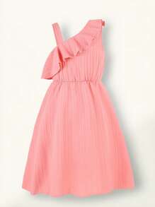SHEIN Vestido de niña preadolescente de tela texturizada con cuello de volantes asimétricos, cinturón