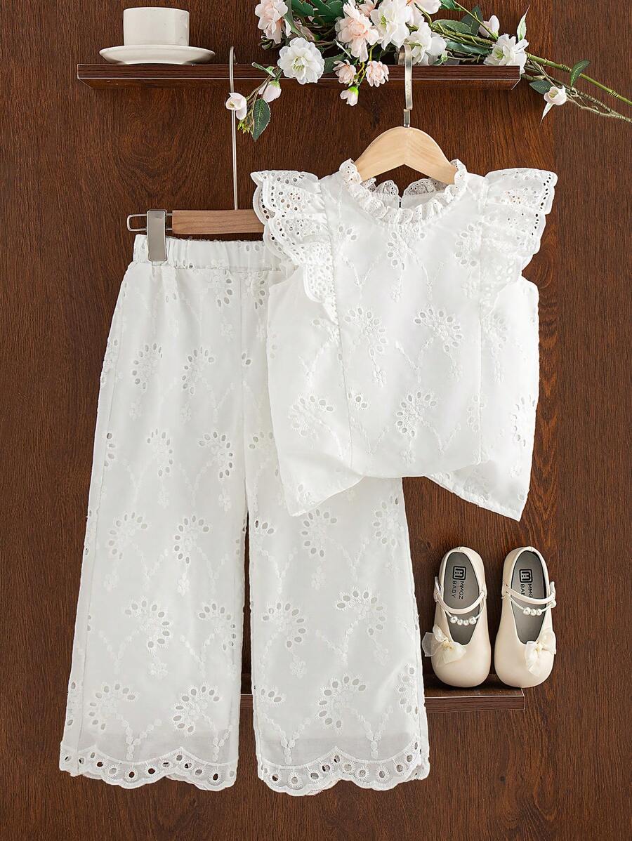 Elladie kids 年轻女孩两件套夏季新品，简约刺绣面料盖袖荷叶边衬衫，休闲直筒裤，复古风格百搭女孩服装 - 杏色 - 查看 1