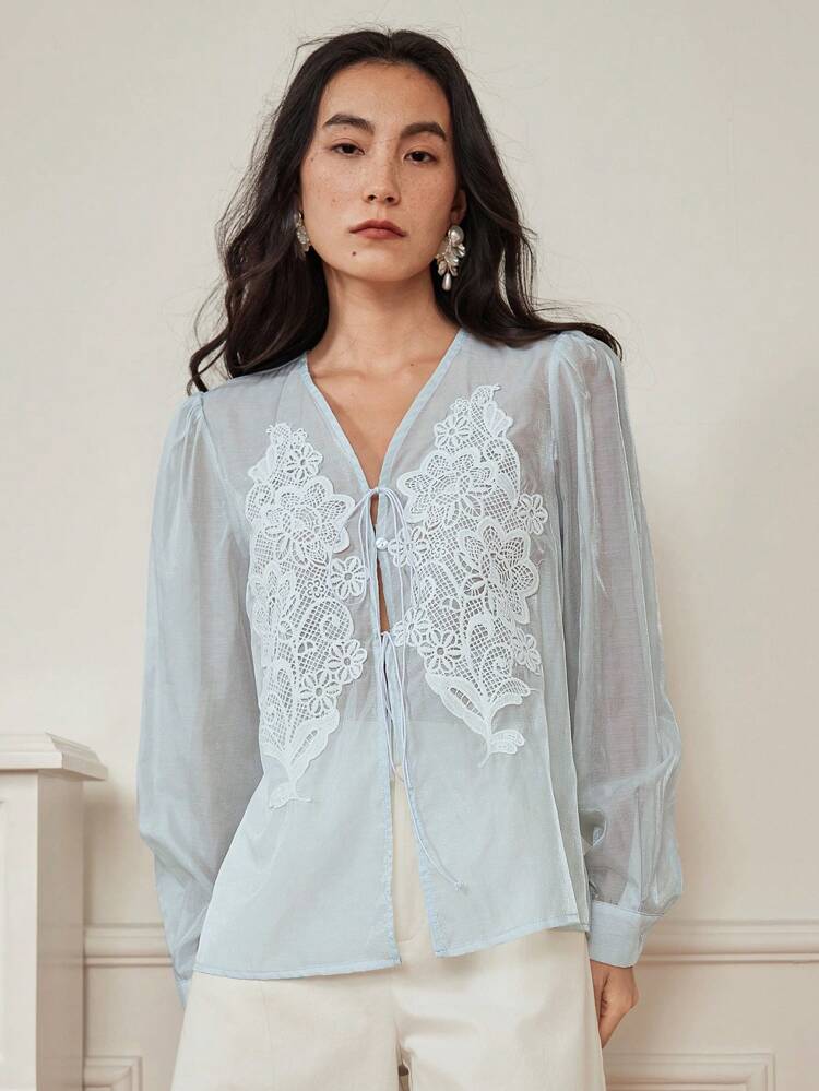 Women's Elegant Casual Holiday Blooming Flower Decor Crochet Lace Trim Organza Chiffon Drawstring Cardigan Long Sleeve Blouse, Summer,Fall Women Clothes Business Casual Woman Work Clothes