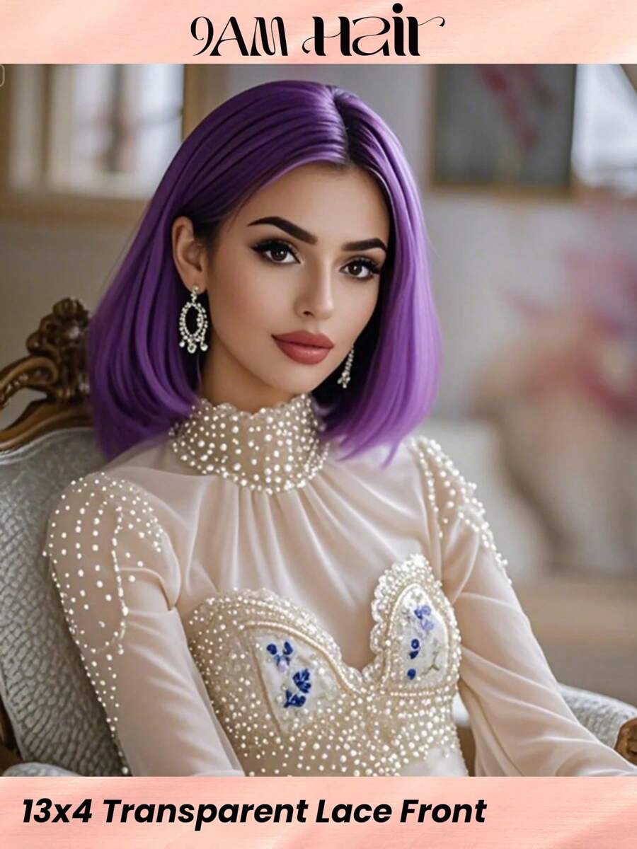 Purple Lace Front Bob Wigs Human Hair 180 Density 13X4 Transparent Lace Front Bob Wig For Women Healthy And Durable Hair Pre Plucked With Baby Hair Straight Bob Wigs