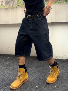 Manfinity Hypemode Men's Casual Denim Wide Leg Bermuda Shorts, Fashionable For Summer
