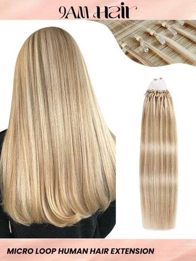 50 Strands Micro Loop Hair Extensions Real Human Hair P18/22#Balayage Caramel Blonde To Bleach Blonde Microbead Hair Extensions Utral Smooth And Super Soft SilkyStraight Micro Loop Healthy  Human Hair Extensions For Woman