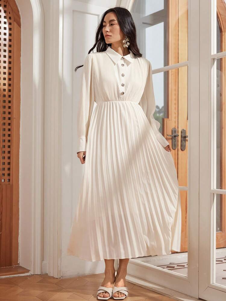 Elegant Off-White Chiffon Pleated Shirt Dress With Long Sleeves,Cinched Waist Knee-Length Evening Wedding Party Autumn Tea Party Clothes For Women