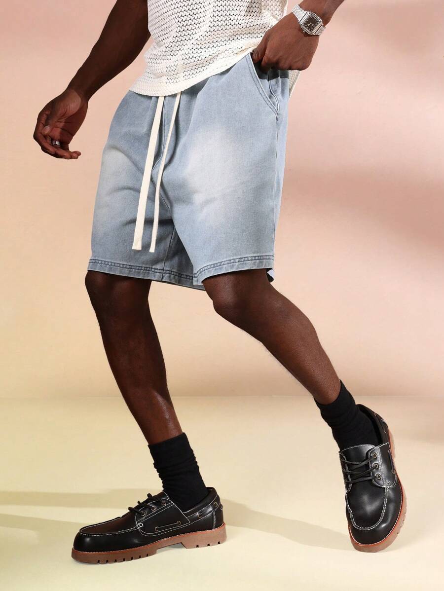 SUMWON Quần short denim dáng rộng thoải mái có dây rút mặc mùa hè, quần short jean dài đến đầu gối, quần short cotton cổ điển, phong cách thể thao, bãi biển, thường ngày - Màu xanh lam - Xem 1