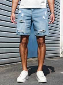 Manfinity Homme Men's Loose Casual Ripped Pocket Denim Shorts, Versatile  Blue Short Jeans Ripped Jean Shorts Men