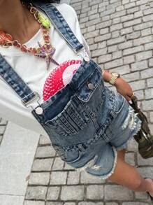 Muchica Shorts de mujer con tirantes de mezclilla, moda para el verano - Azul - Ver 5