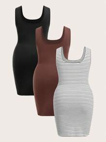 SHEIN BASICS 3Pcs/Set Plus Size Sleeveless Bodycon Knit Dress