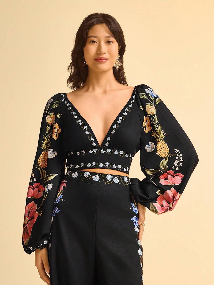 CAJUNI 女式波西米亚风热带花卉和菠萝印花深 V 领露背系带蝴蝶结灯笼袖休闲衬衫