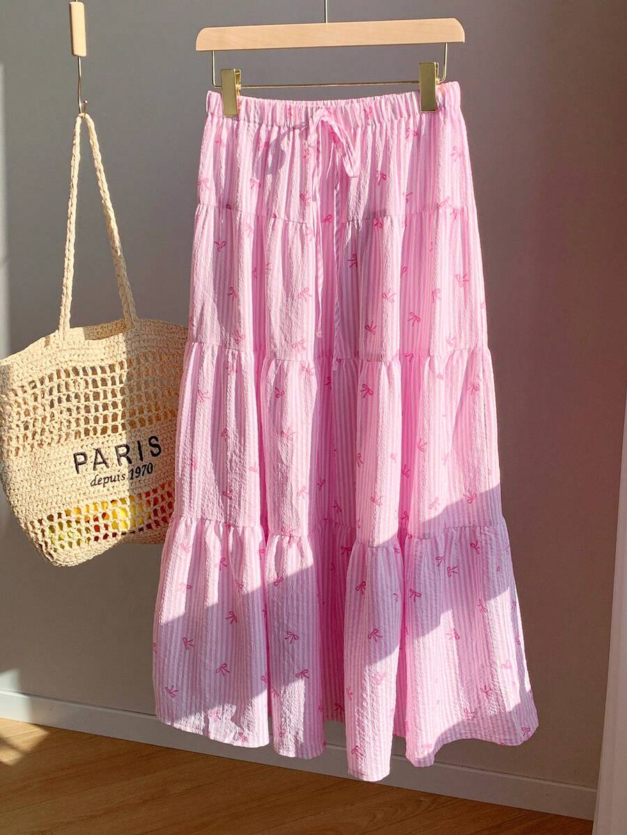 Comfortcana 2025新款女士粉色度假蝴蝶结印花可爱风格半身裙工作夏装