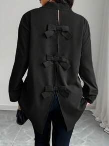 Elenzga Große Größen Frauen Einfarbig Langarm Lose Hemd Mit Schleife Dekor Auf Der Rückseite, Herbst - Schwarz - Übersicht 1