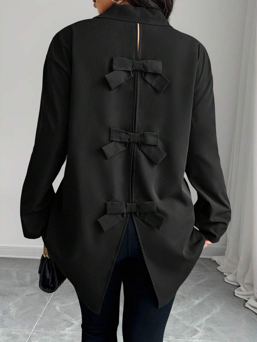 Elenzga Große Größen Frauen Einfarbig Langarm Lose Hemd Mit Schleife Dekor Auf Der Rückseite, Herbst - Schwarz - Übersicht 1