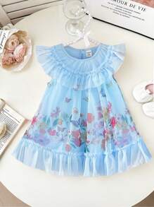 SHEIN Vestido azul dulce de fantasía para niñas con intrincado ribete de volantes, falda con estampado floral en floración, estilo de princesa de cuento de hadas para fiestas, actuaciones y diversas ocasiones - Azul - Ver 3