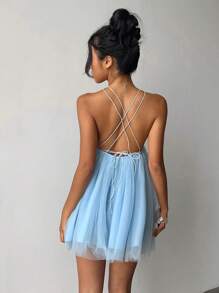 Aloruh 深 V 领、性感露背吊带裙、蓝色 - 藍色 - 查看 2