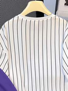 SHEIN Conjunto de 2 piezas de camiseta de manga corta y pantalones cortos para adolescentes, un estilo universitario cómodo y de moda, versátil y bonito, suave y adecuado para uso diario, escuela, viajes, deportes, rayas, fiestas festivas