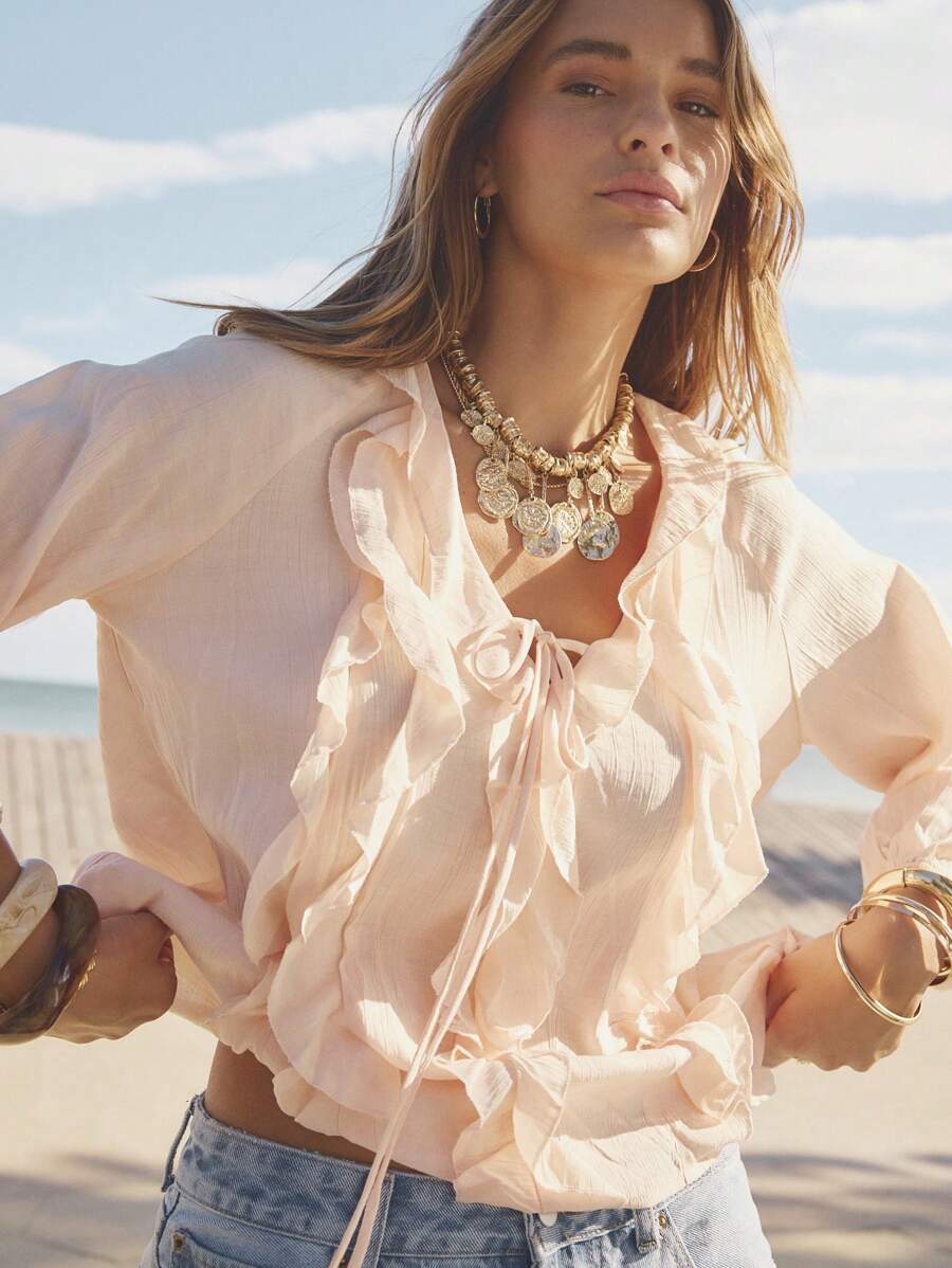 Aralina Ruffled V-Neck Long Sleeve Front Tie Blouse - Baby Pink - View 1