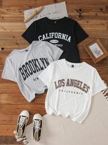 Veykashi 3件装加大码休闲英文印花修身T恤，适合夏季穿着，多件装，适合外出穿着