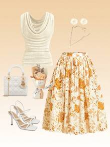 Ellevyn Saia A-Line Elegante para Férias com Bordado Floral Vazado e Romântico - Amarelo mostarda - Visão 1