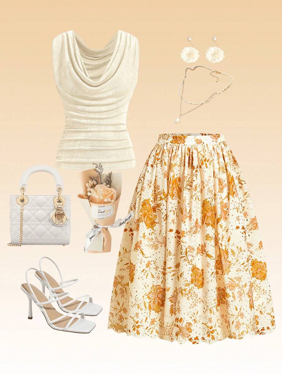 Ellevyn Saia A-Line Elegante para Férias com Bordado Floral Vazado e Romântico - Amarelo mostarda - Visão 1