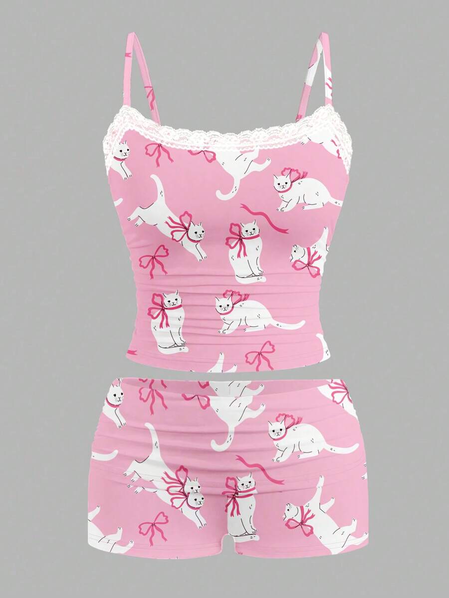 Vecteezy Y2k 女式夏季性感蕾丝猫咪印花针织吊带背心和短裤两件套 - 粉色 - 查看 1