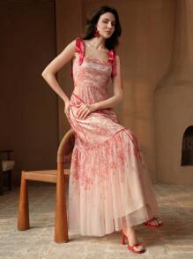 Anewsta Women's Long Ombre Printed Dress With Flared Skirt, Tie-Shoulder Elegant & Versatile Party Gown - Red - View 3
