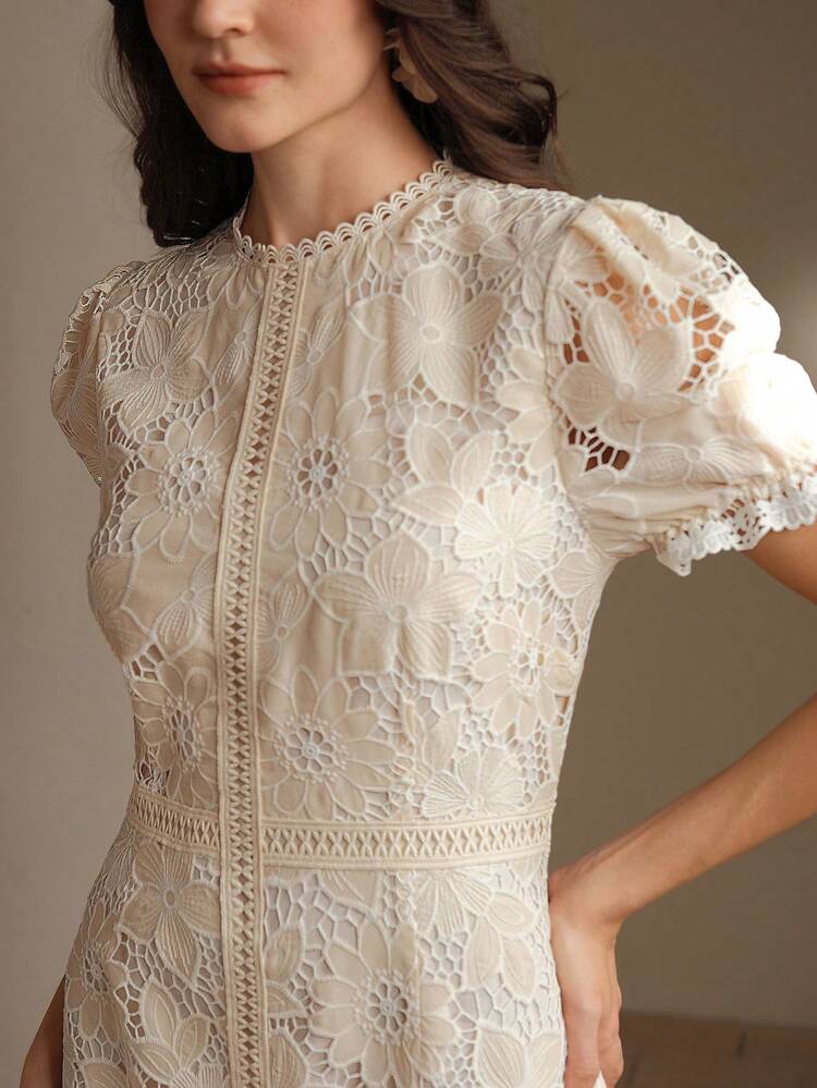 Floral Lace Hollow-Out Ruffle Trim Elegant Chiffon Dress, Ideal For Spring, Summer, Festivals, Holidays, Vacations