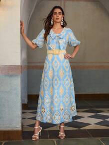 ZEYLAH Embroidered Lantern Sleeve Tie-Front Midi Dress - Blue - View 7